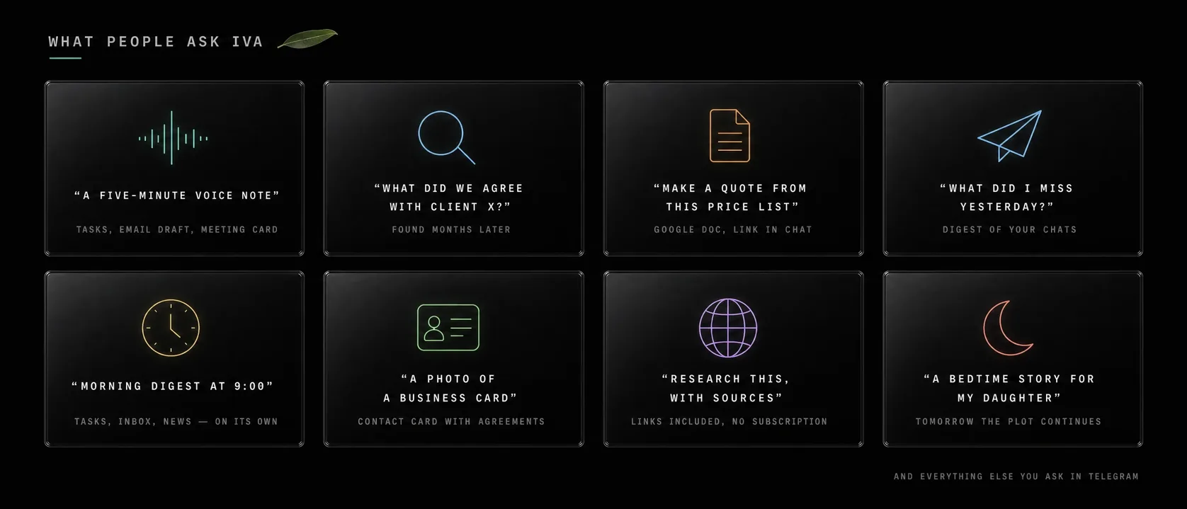 What people ask Iva: eight everyday requests, from a voice note turned into tasks to research with sources and a bedtime story that continues tomorrow