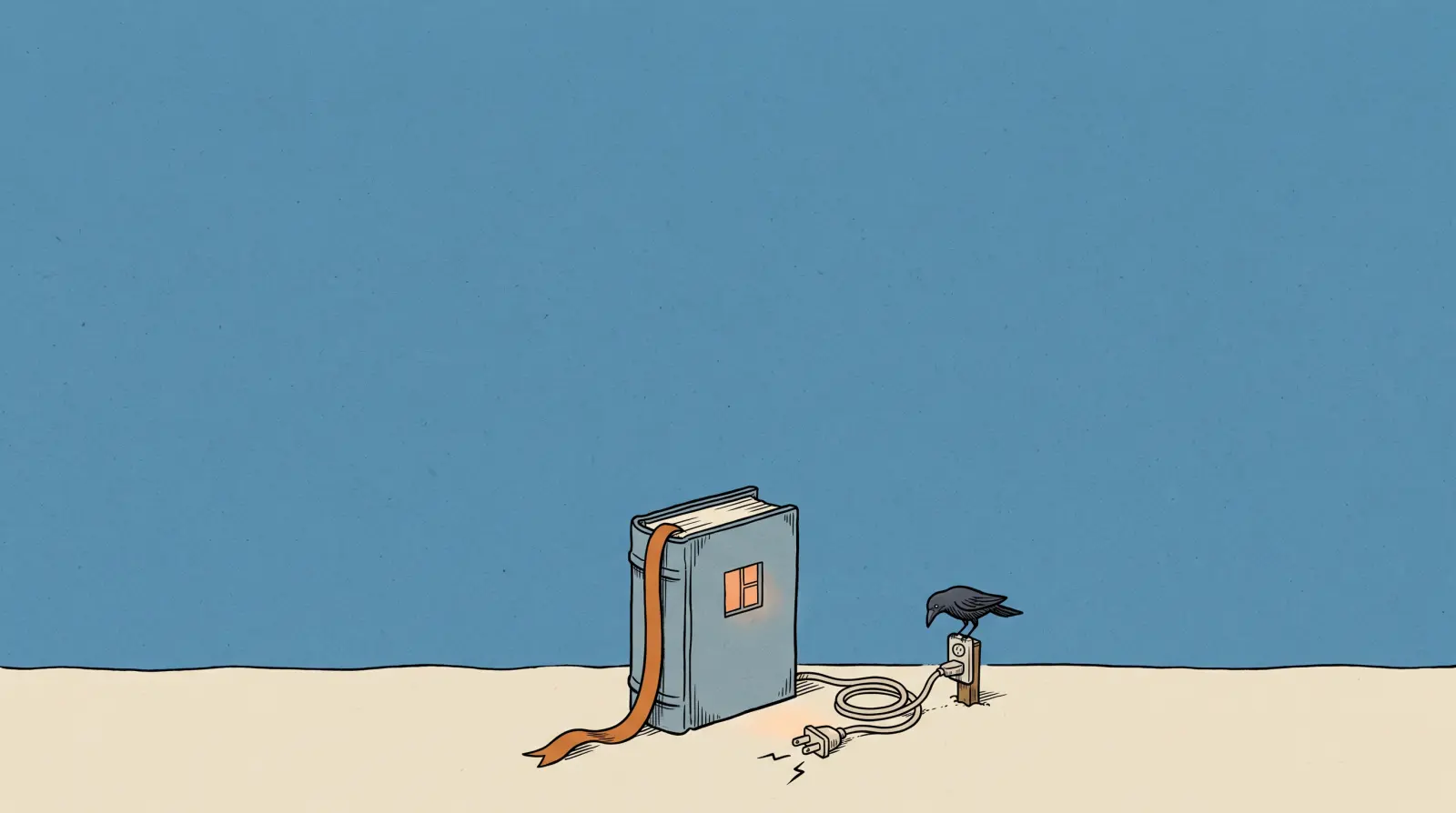 A server drawn as a closed book with a bookmark ribbon, its plug pulled out: it remembers where it stopped