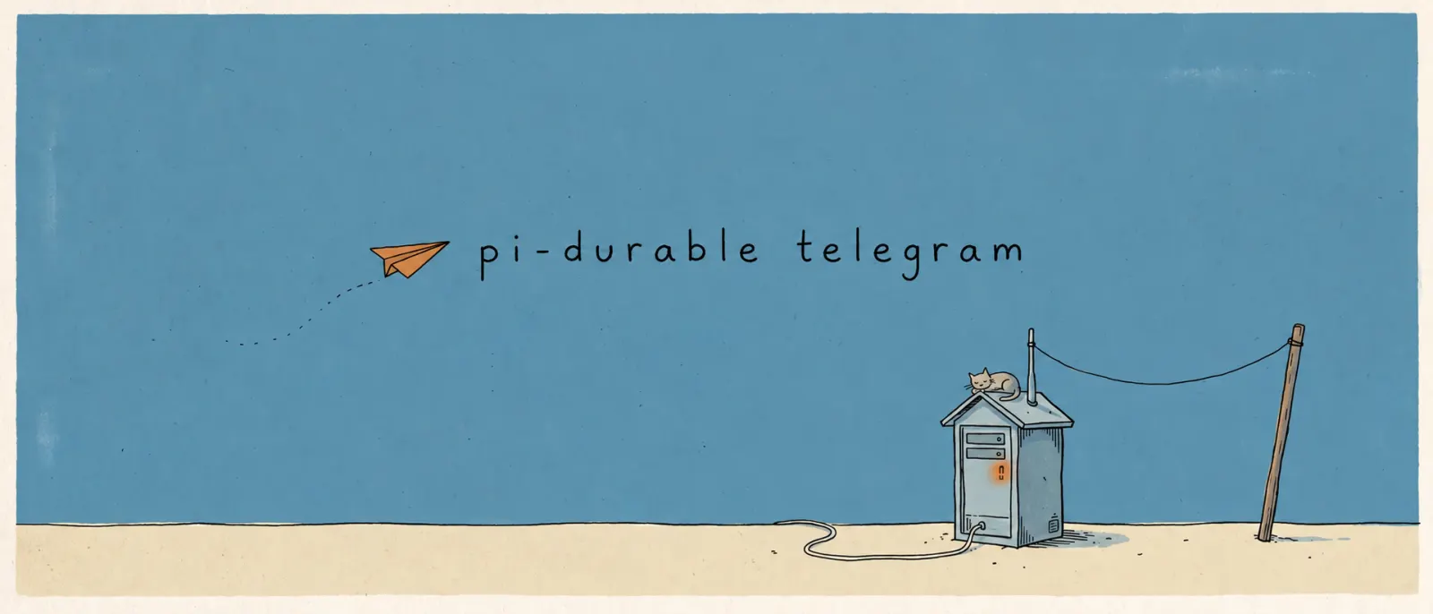 pi durable via telegram: an orange paper airplane flies across the sky toward a small server with a cat on its roof, an always-on durable pi agent you reach from Telegram