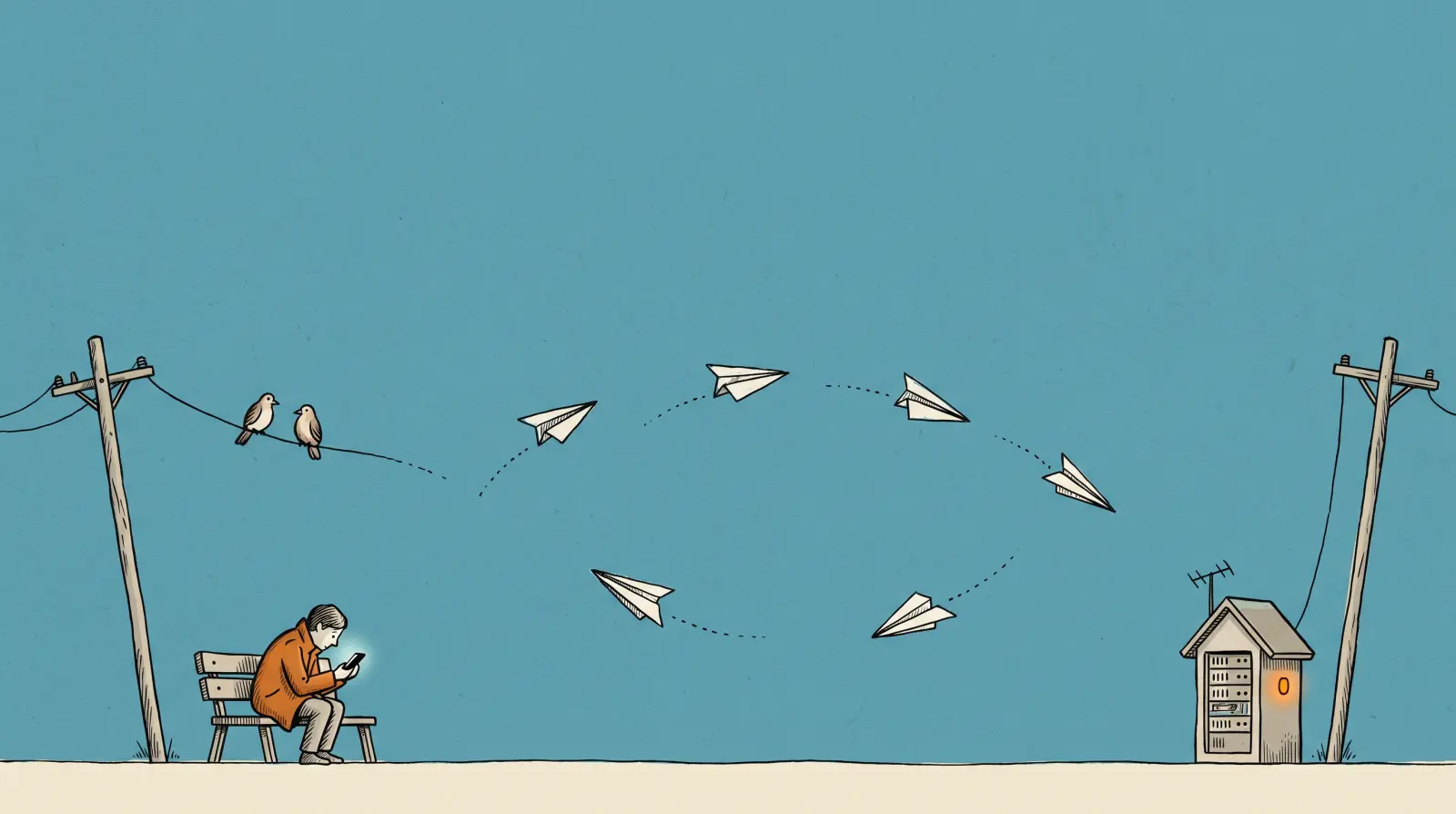 How it works: a person on a bench sends paper airplanes from a phone to a small server on the horizon, and answers fly back