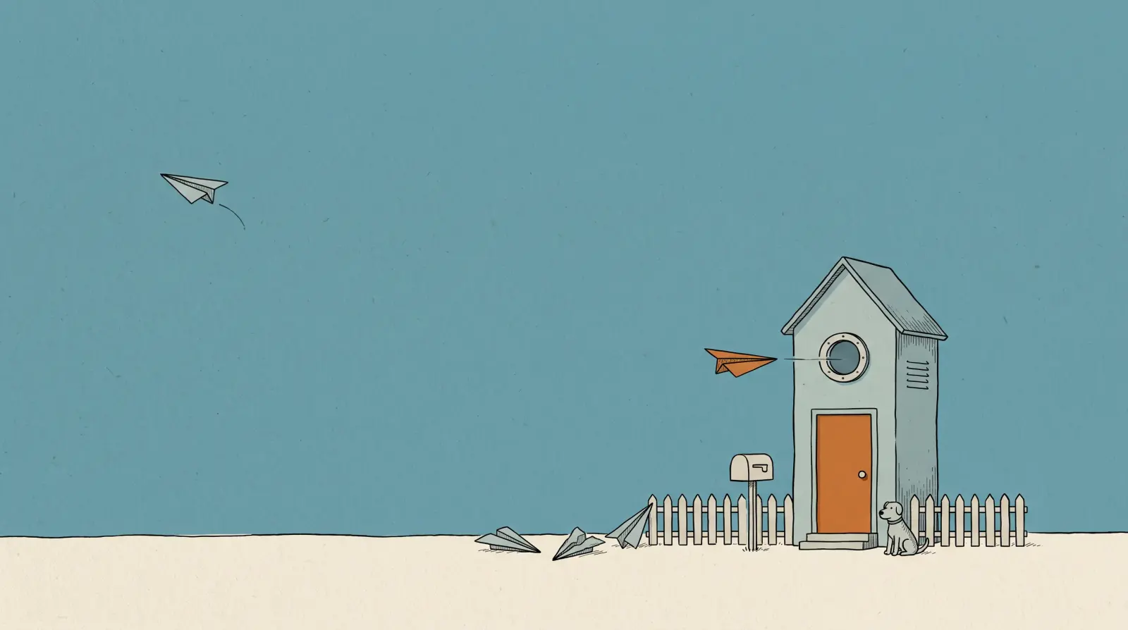 A narrow server house with one orange door: one paper airplane flies in through the porthole, the grey ones lie by the fence