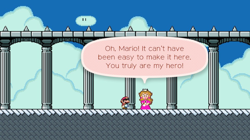 Super Mario Maker 2 Recomp mostrando a princesa Peach na cena final do desafio dos 100 Marios