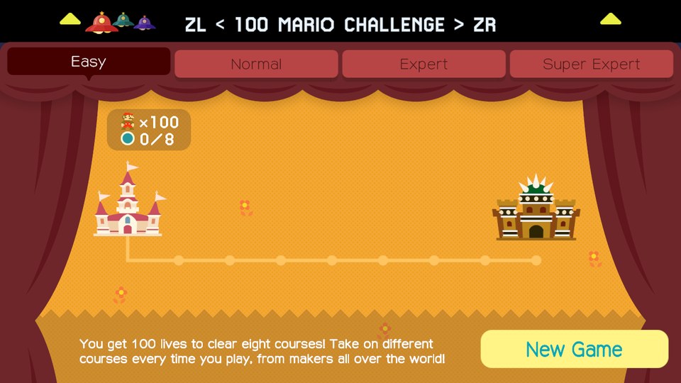 Super Mario Maker 2 Recomp mostrando tela de seleção de dificuldade do desafio dos 100 Marios