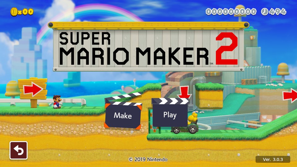 Menu de criação e jogo do Super Mario Maker 2 em execução no SMM2 Recomp