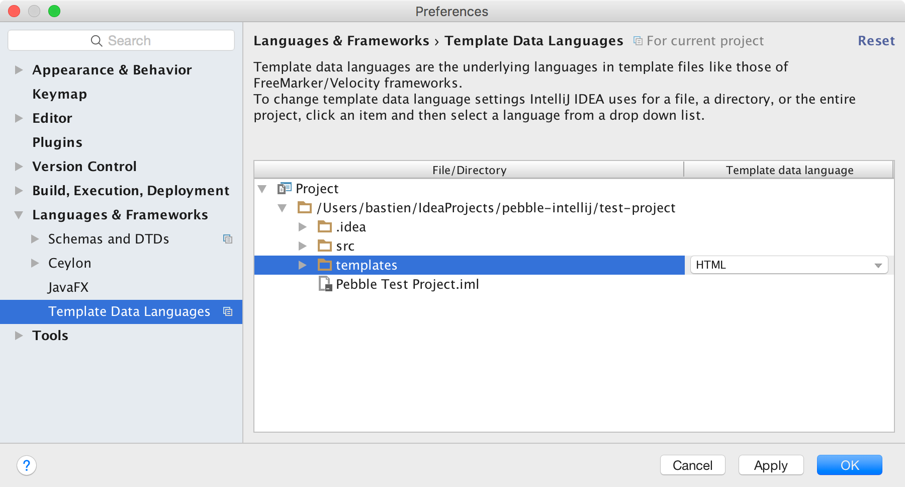 Template data languages settings