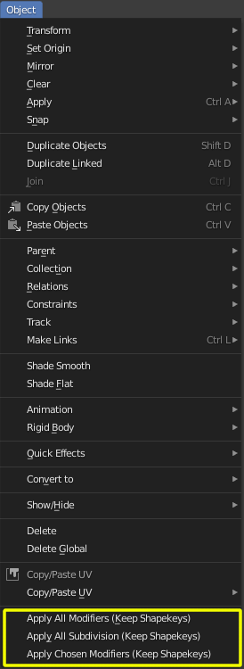 The blender 3D View Object menu displaying the 3 newly added operators at the bottom