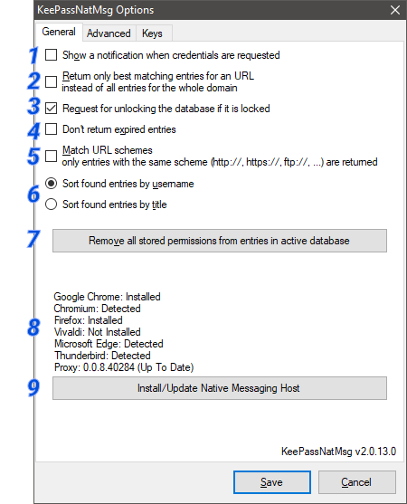 KeePassNatMsg Options Dialog