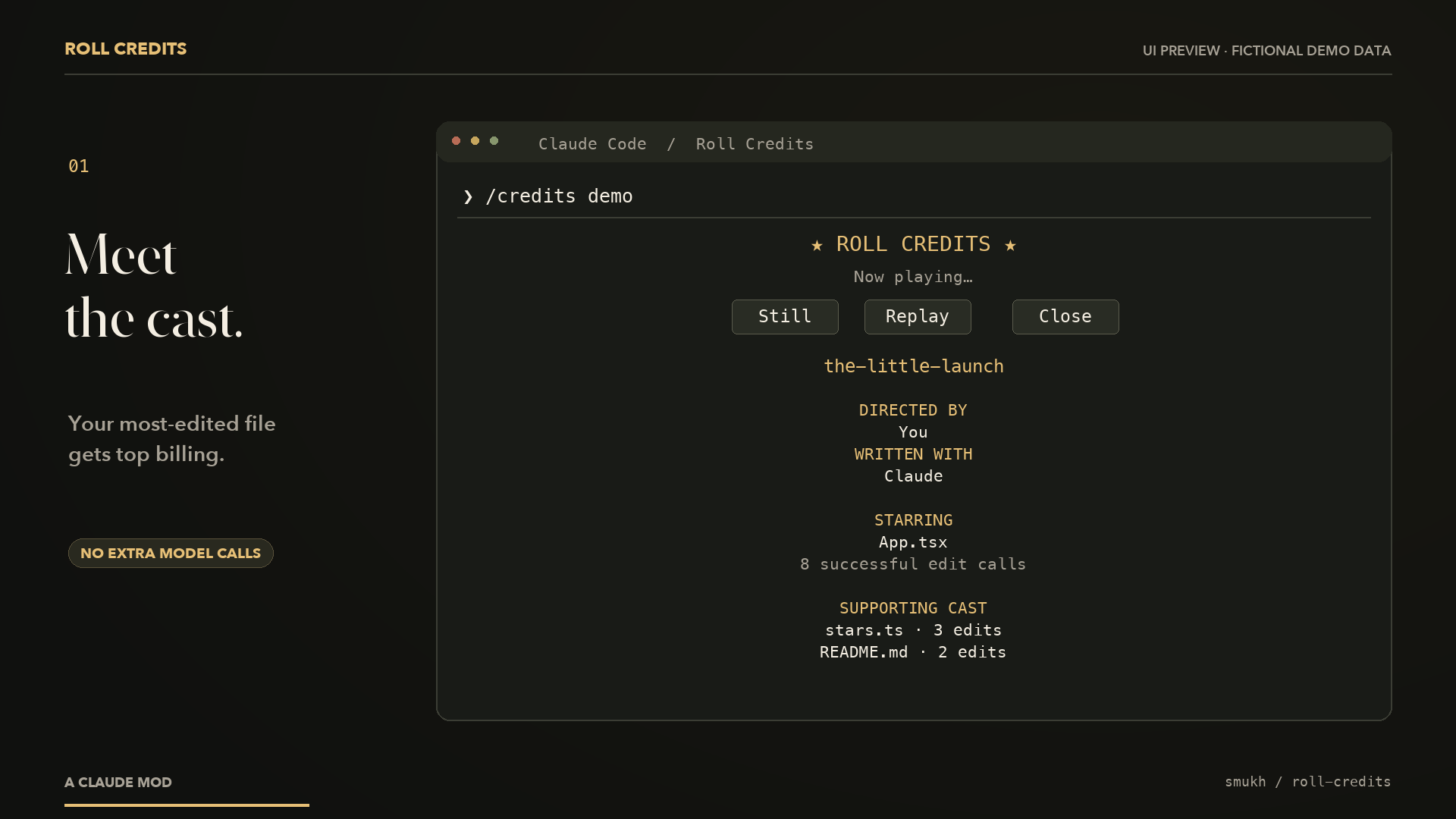 Roll Credits running in Claude Code (from the author's README)