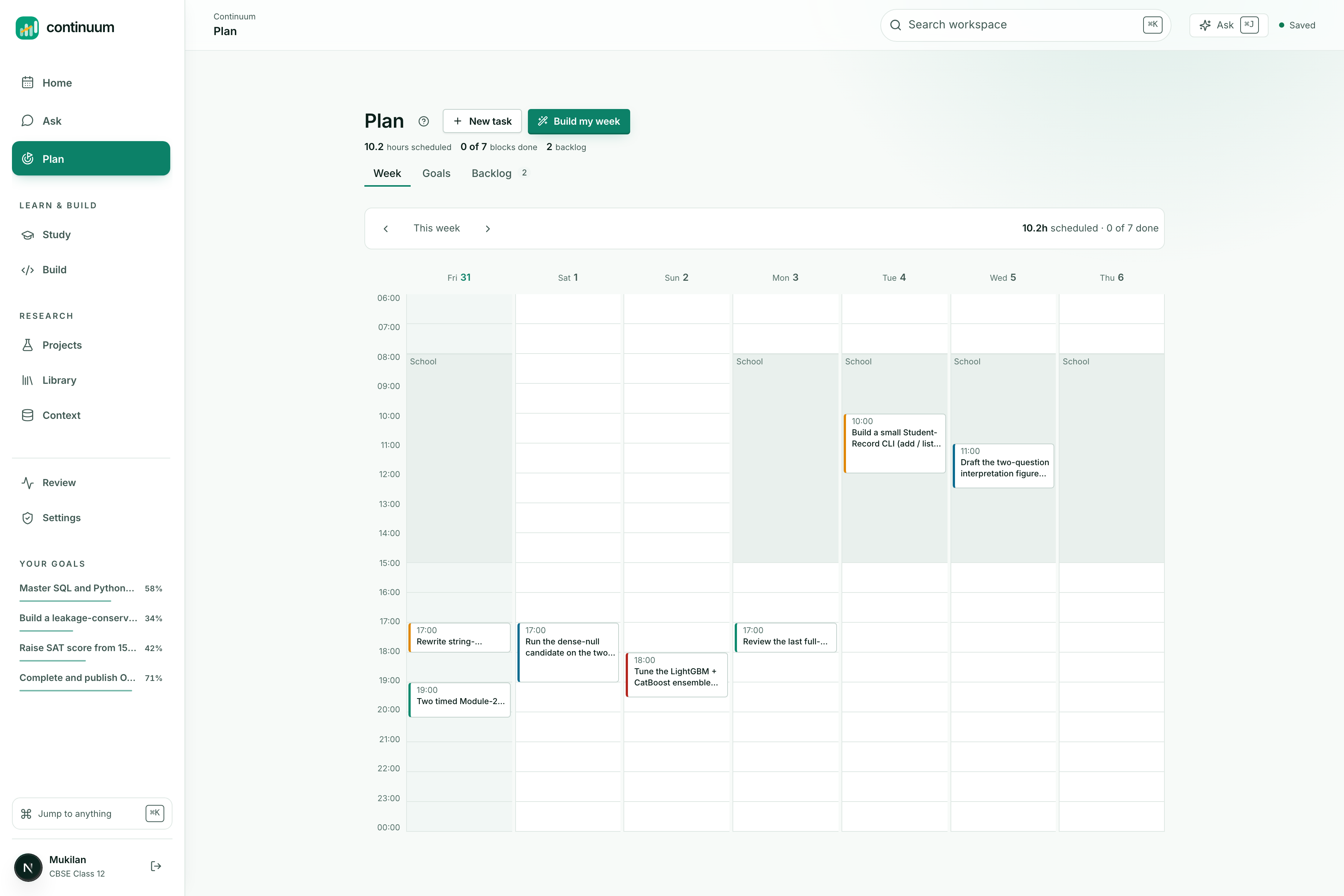 The week grid. Every block placed by the solver against deadlines, prerequisites and fixed commitments. No model was called.