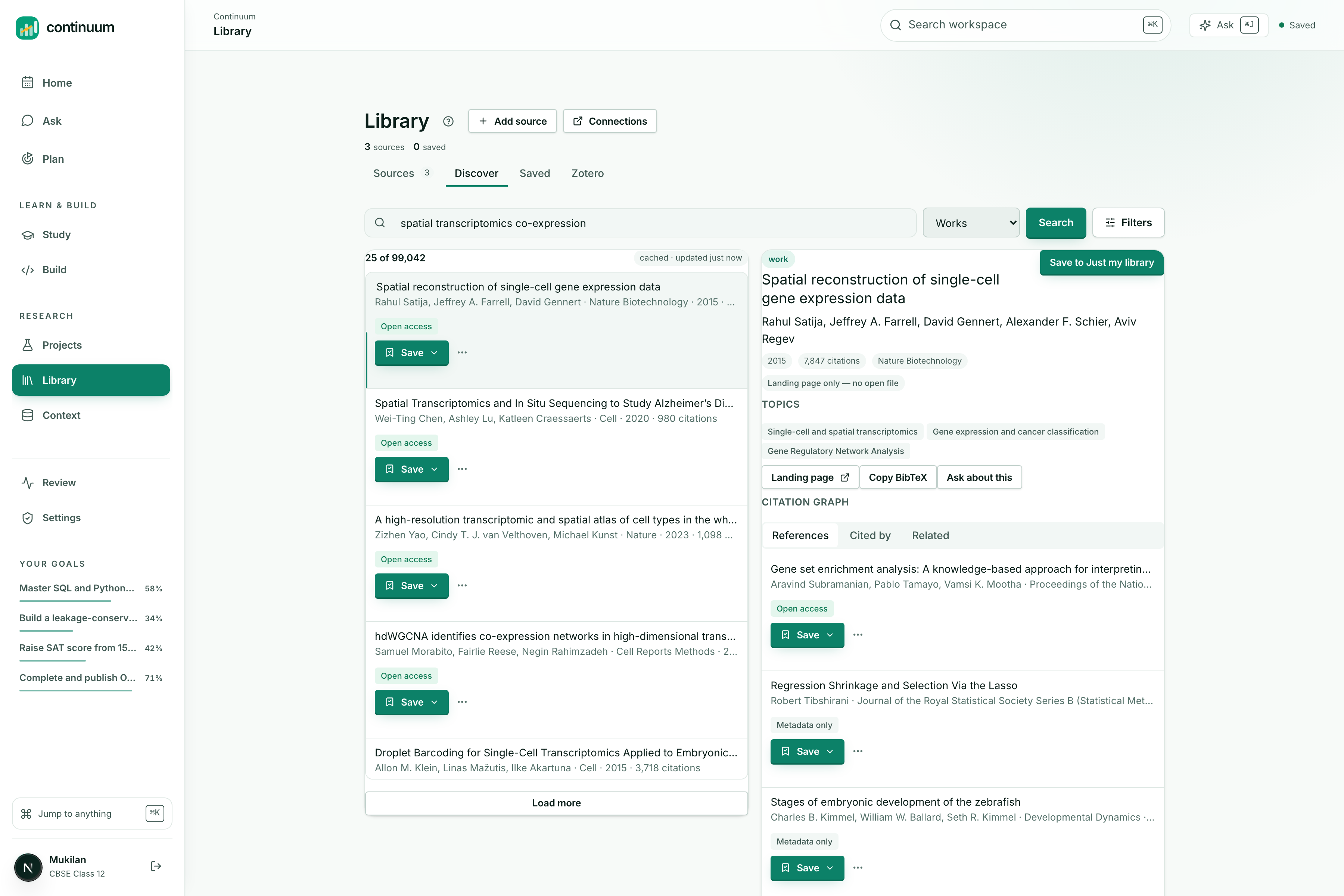 A work opened from Discover, with its references, citations and related papers. Saving it indexes the passages that answers can then cite.