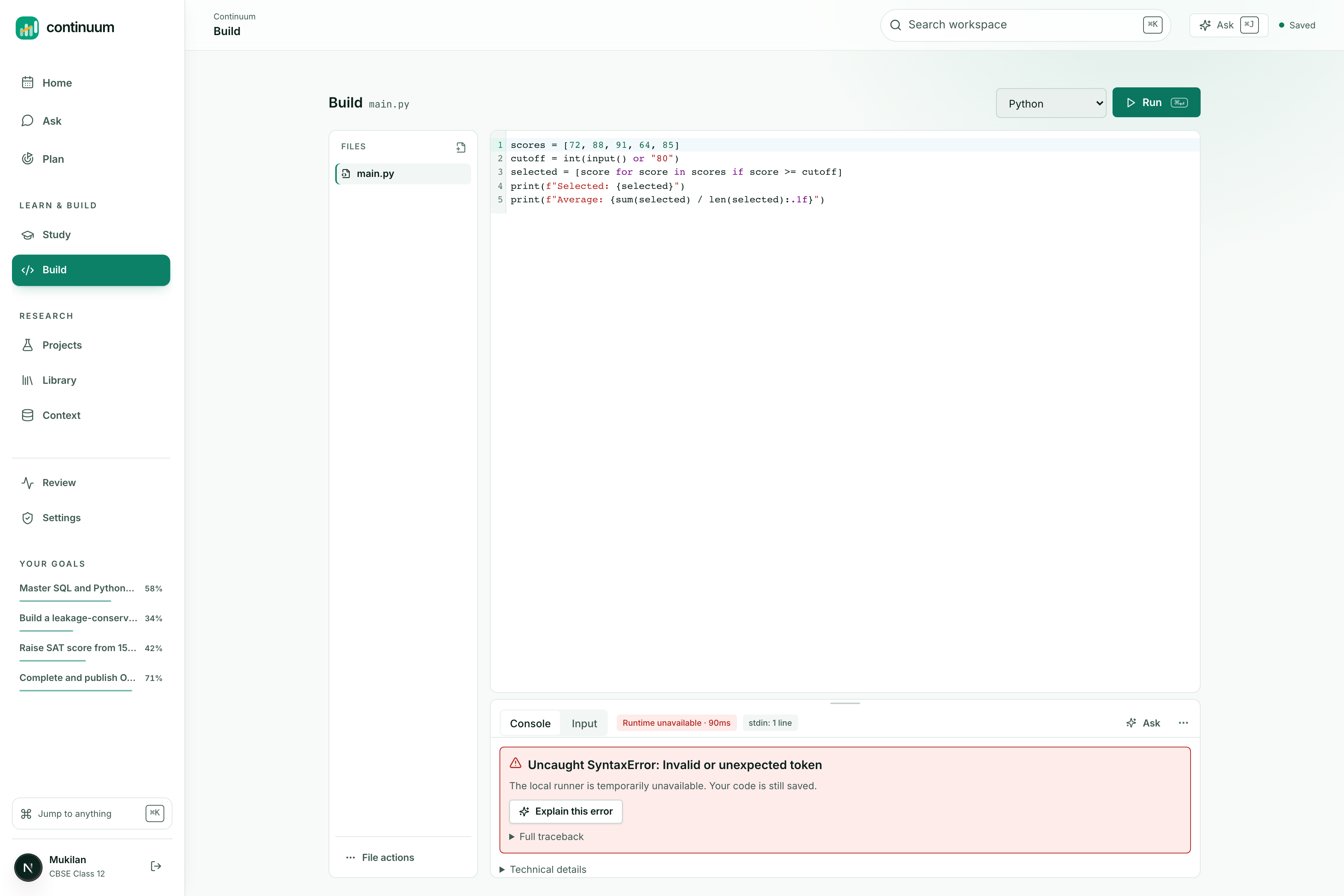 Build. A sandboxed editor and console where runtime output is passed to the model as evidence, never as instruction.