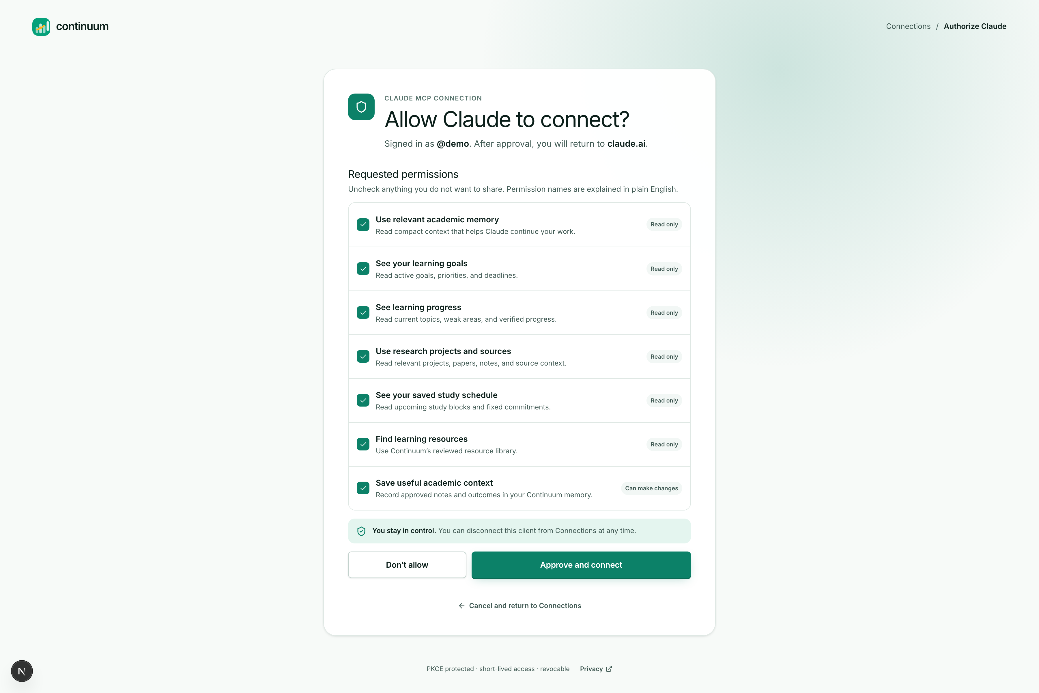 The MCP consent screen. Each scope is a separate checkbox in plain English, badged read-only or can-make-changes. PKCE protected, short-lived, revocable.