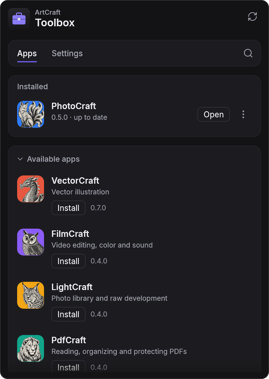 The ArtCraft Toolbox popover in the dark theme: PhotoCraft 0.5.0 installed and up to date with an Open button and a menu, then the available apps (VectorCraft, FilmCraft, LightCraft, PdfCraft) with their descriptions, Install buttons and versions