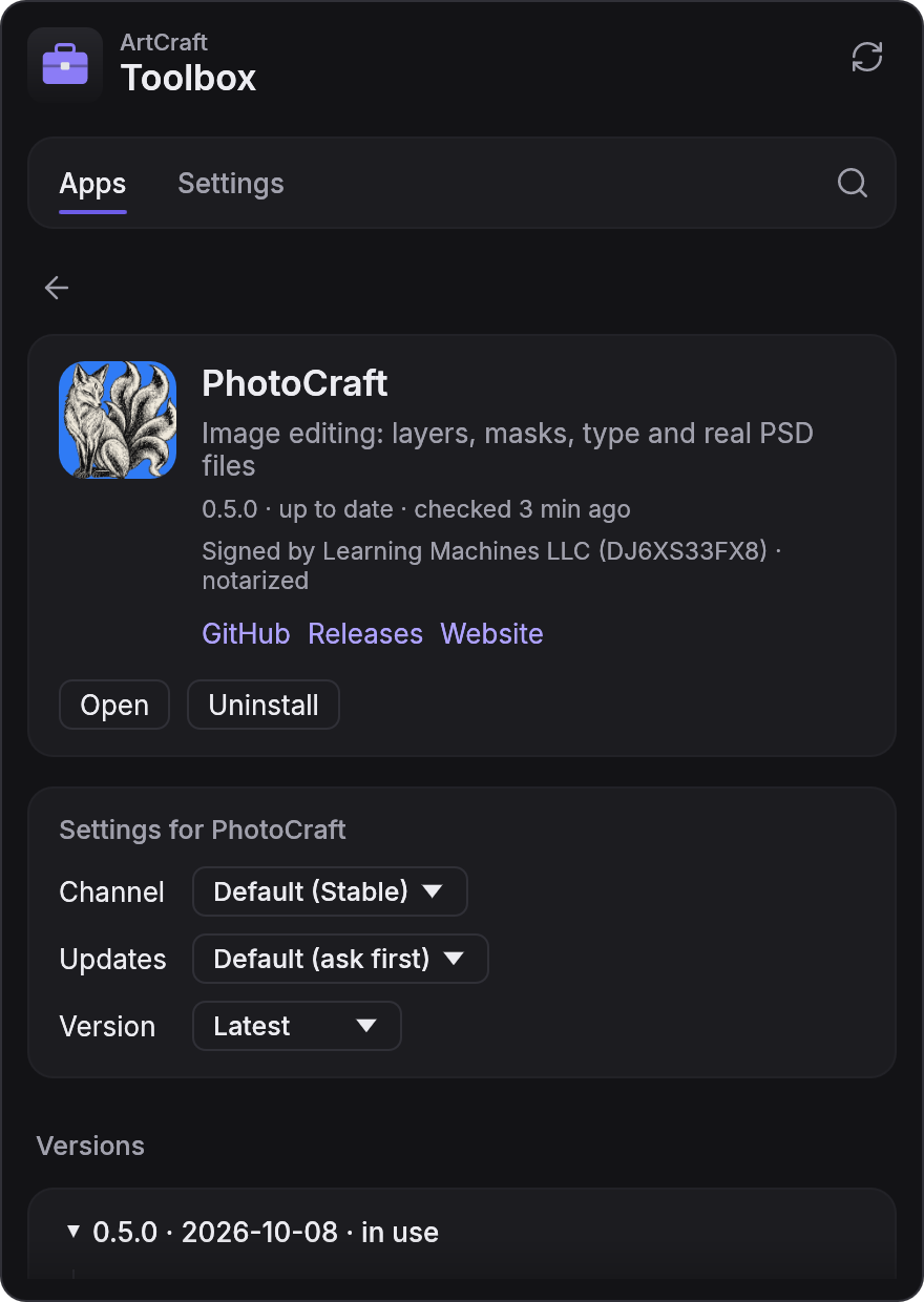 PhotoCraft's page: version 0.5.0, up to date, signed by Learning Machines LLC and notarized; links to GitHub, Releases and the website; Open and Uninstall; its own channel, update and version settings; the start of its versions list