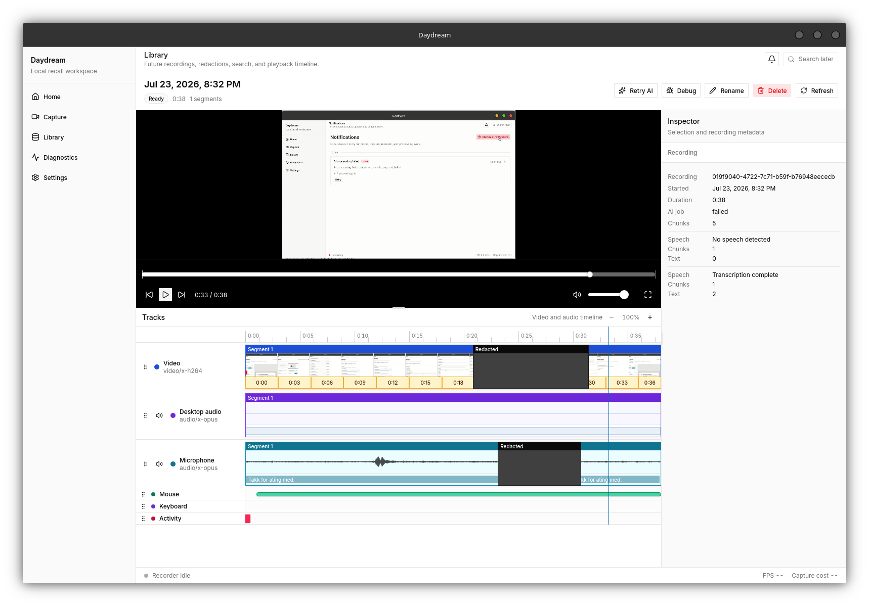 Daydream recording studio showing playback, redacted spans, audio waveforms, and activity lanes
