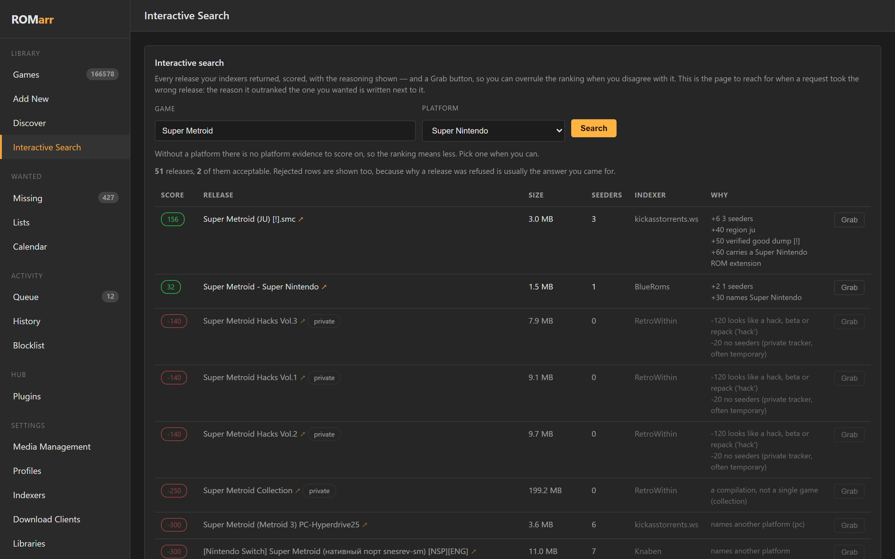 Interactive search on a live install: 51 releases scored, the verified dump on top, every rejection explained
