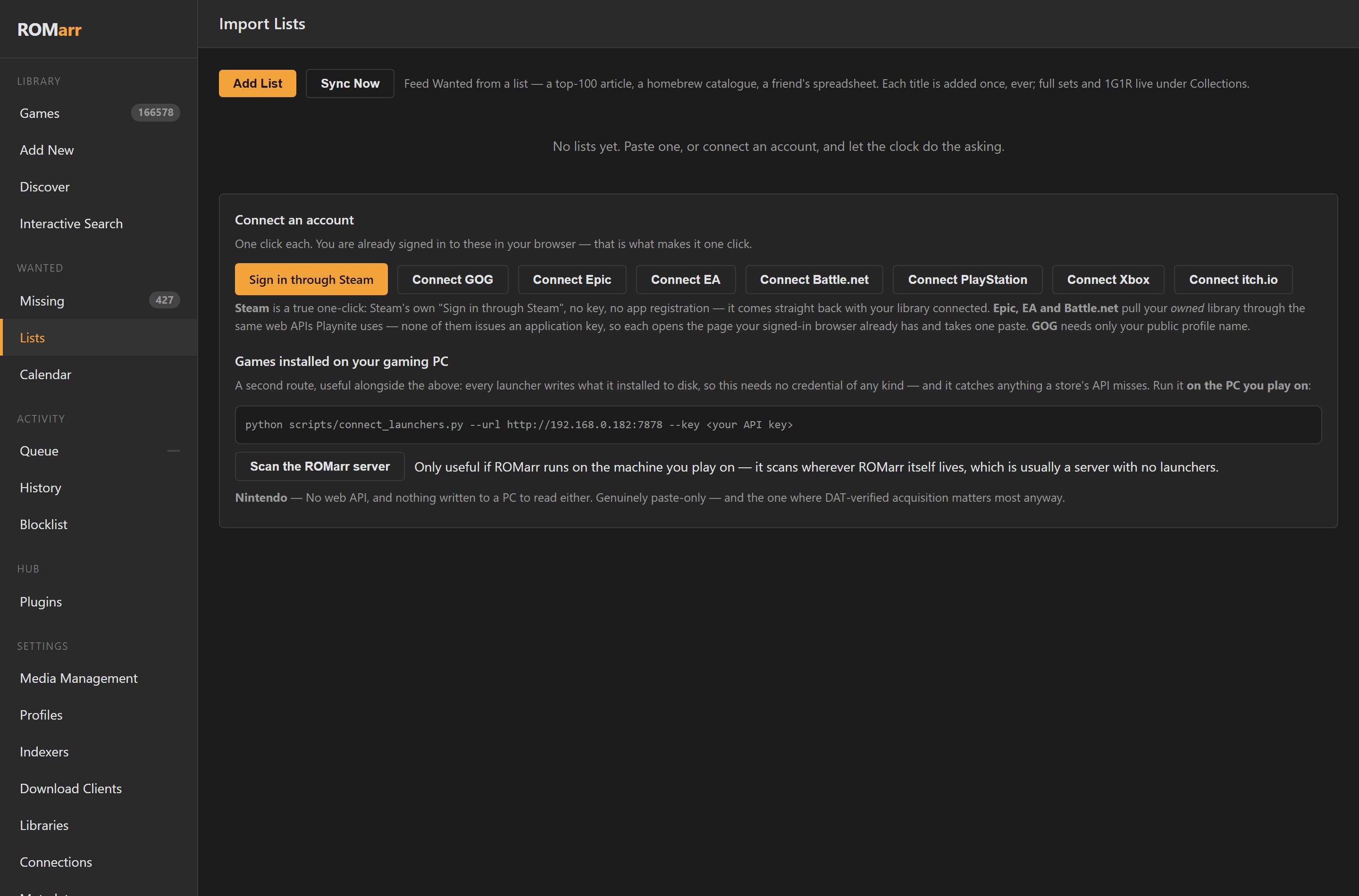 Import Lists: a synced top-100 and the connected-accounts table