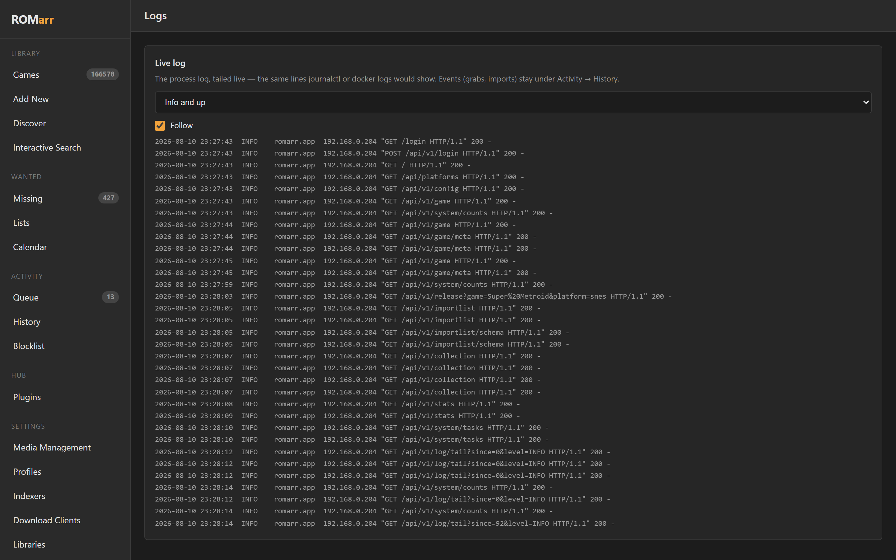 The live process log, tailed in the browser
