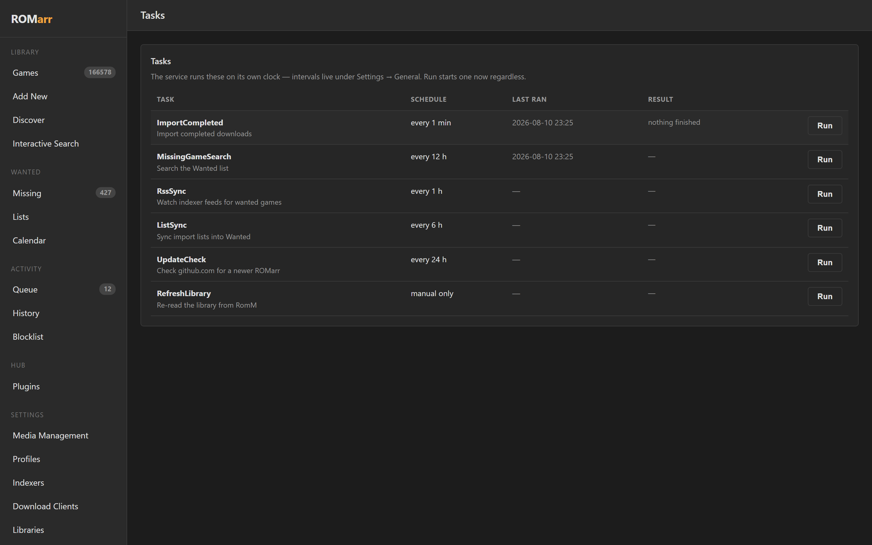 The Tasks page: the scheduled jobs with their intervals and last results