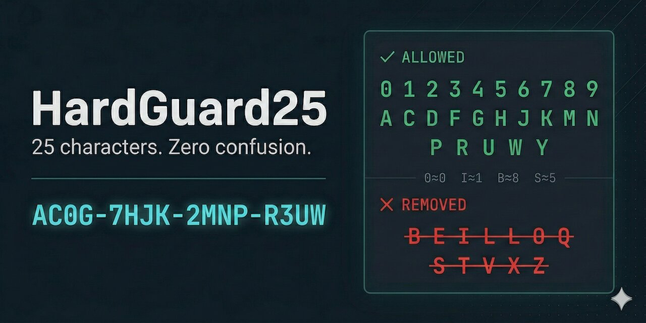 HardGuard25: A 25-character alphabet for human-readable unique IDs