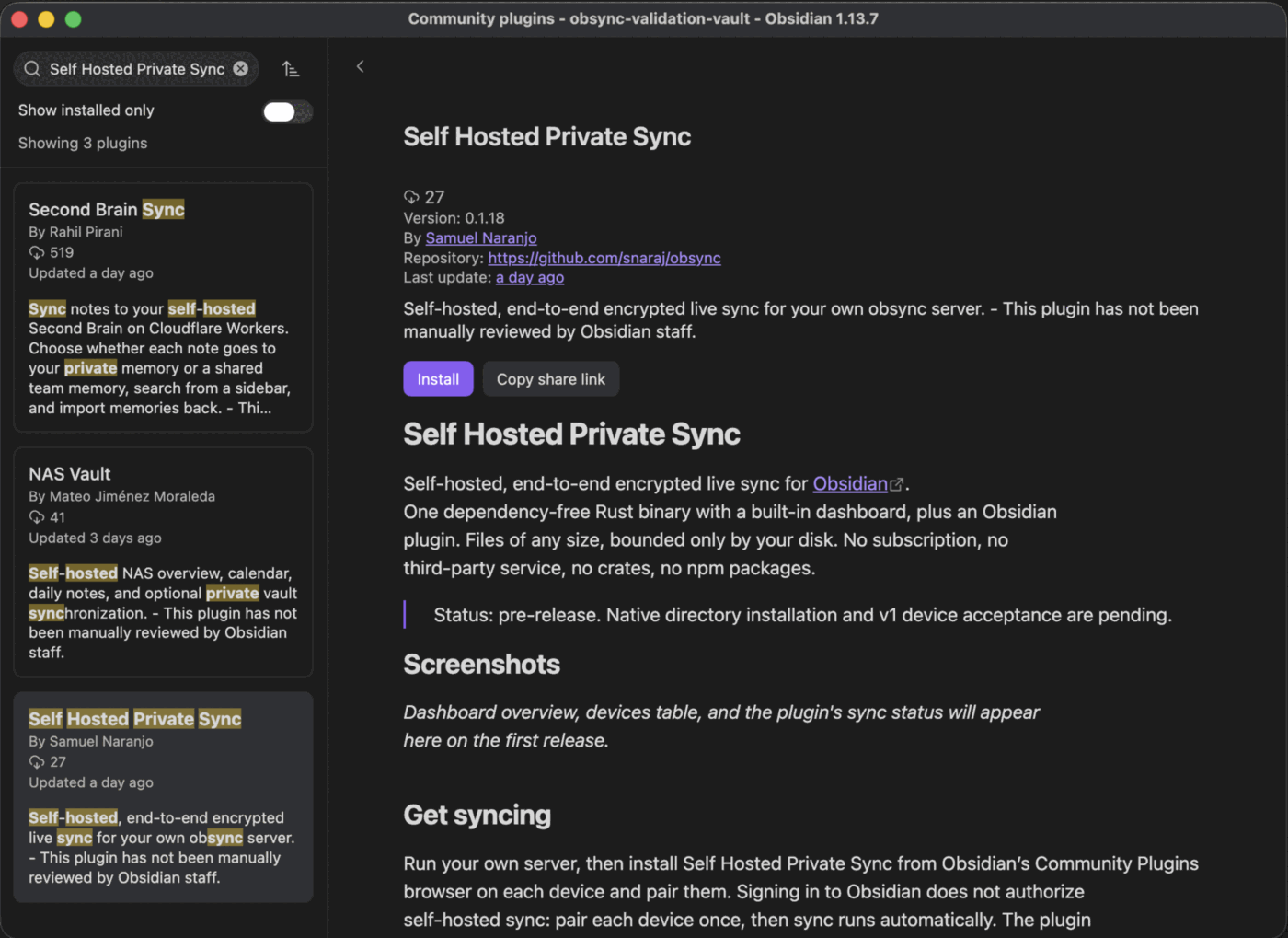 Obsidian's Community plugins browser showing Self Hosted Private Sync with its Install button