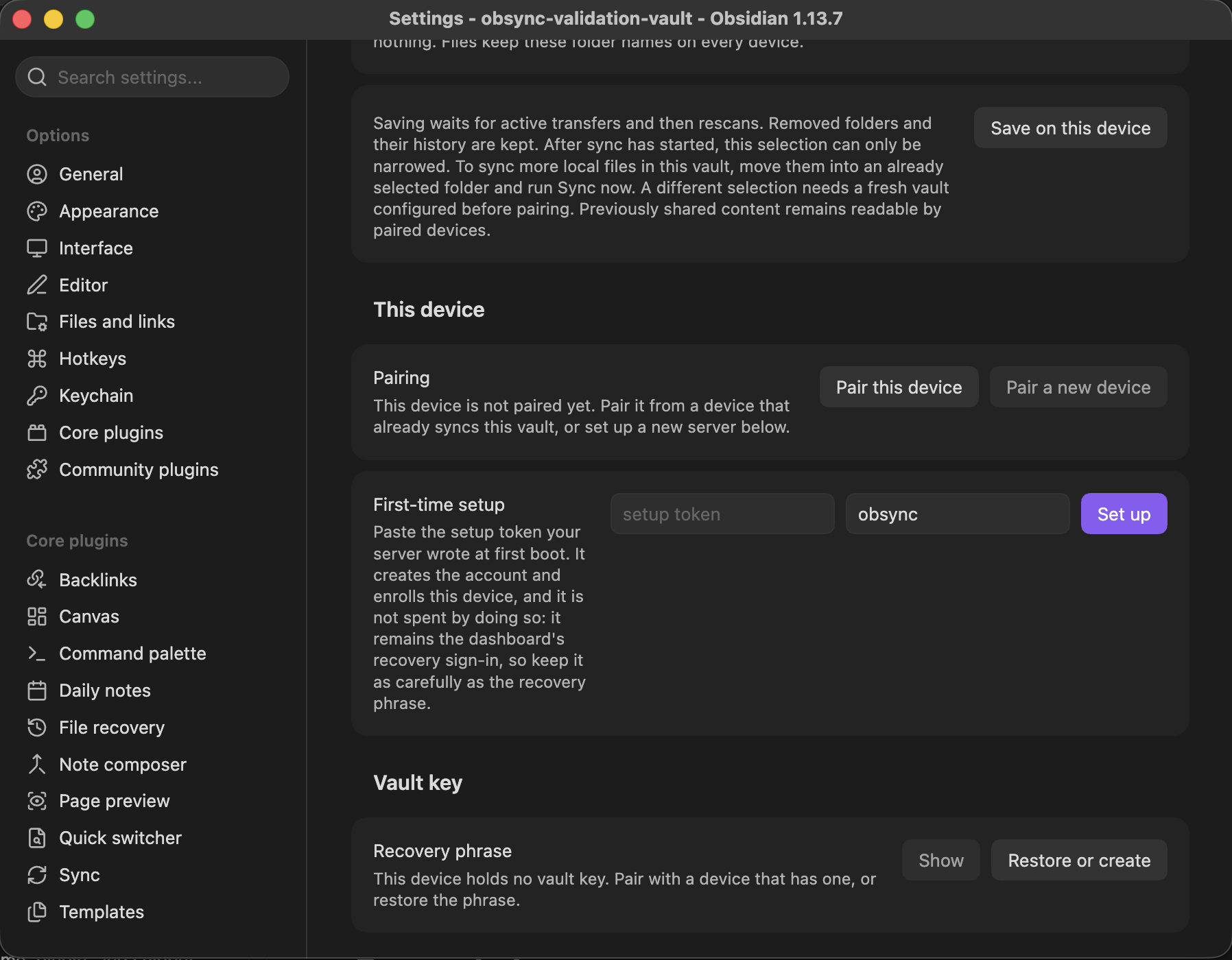 The plugin settings tab scrolled to the saved folder selection, Pairing, and the First-time setup token field