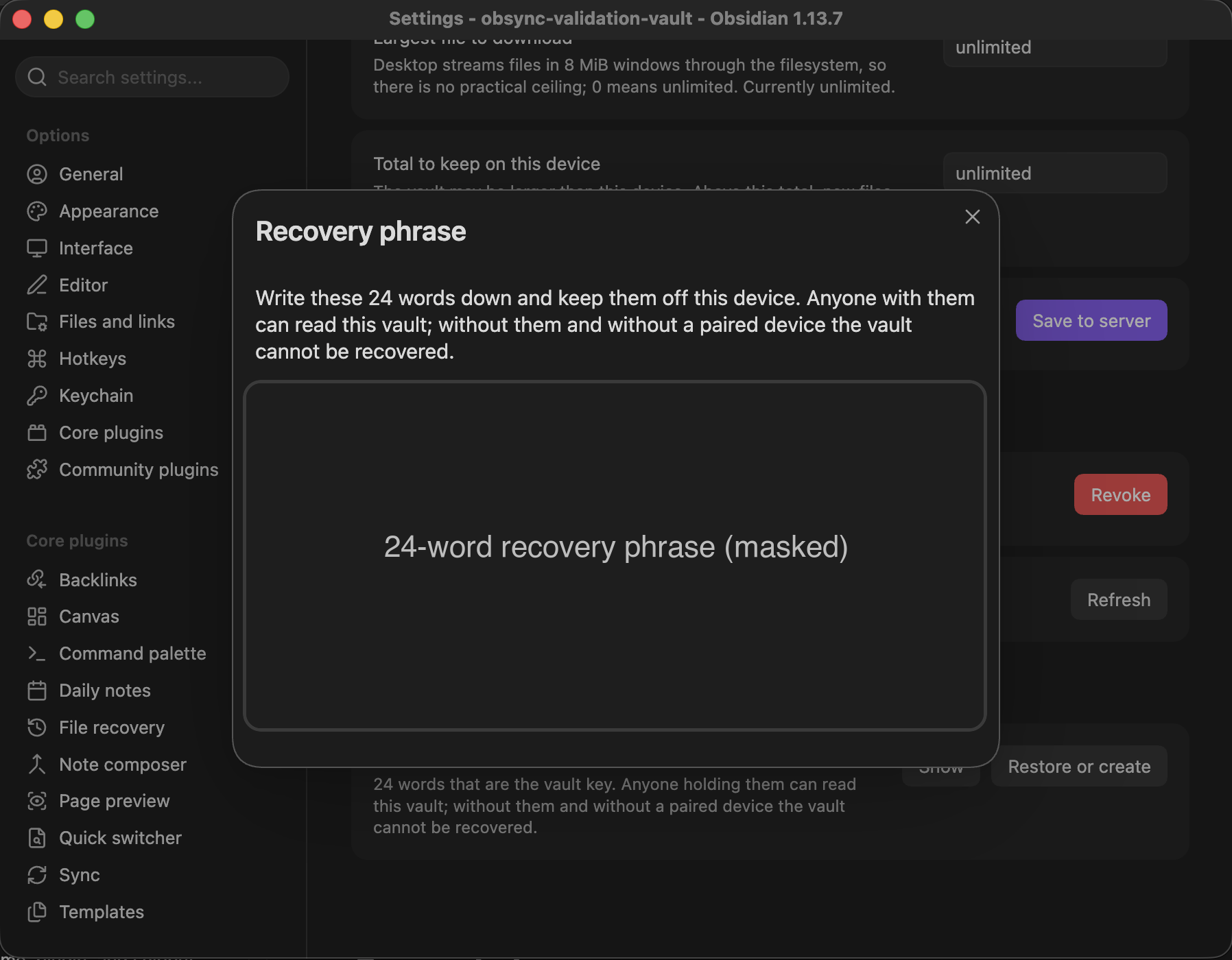 The recovery-phrase dialog shown after first-time setup, its words obscured