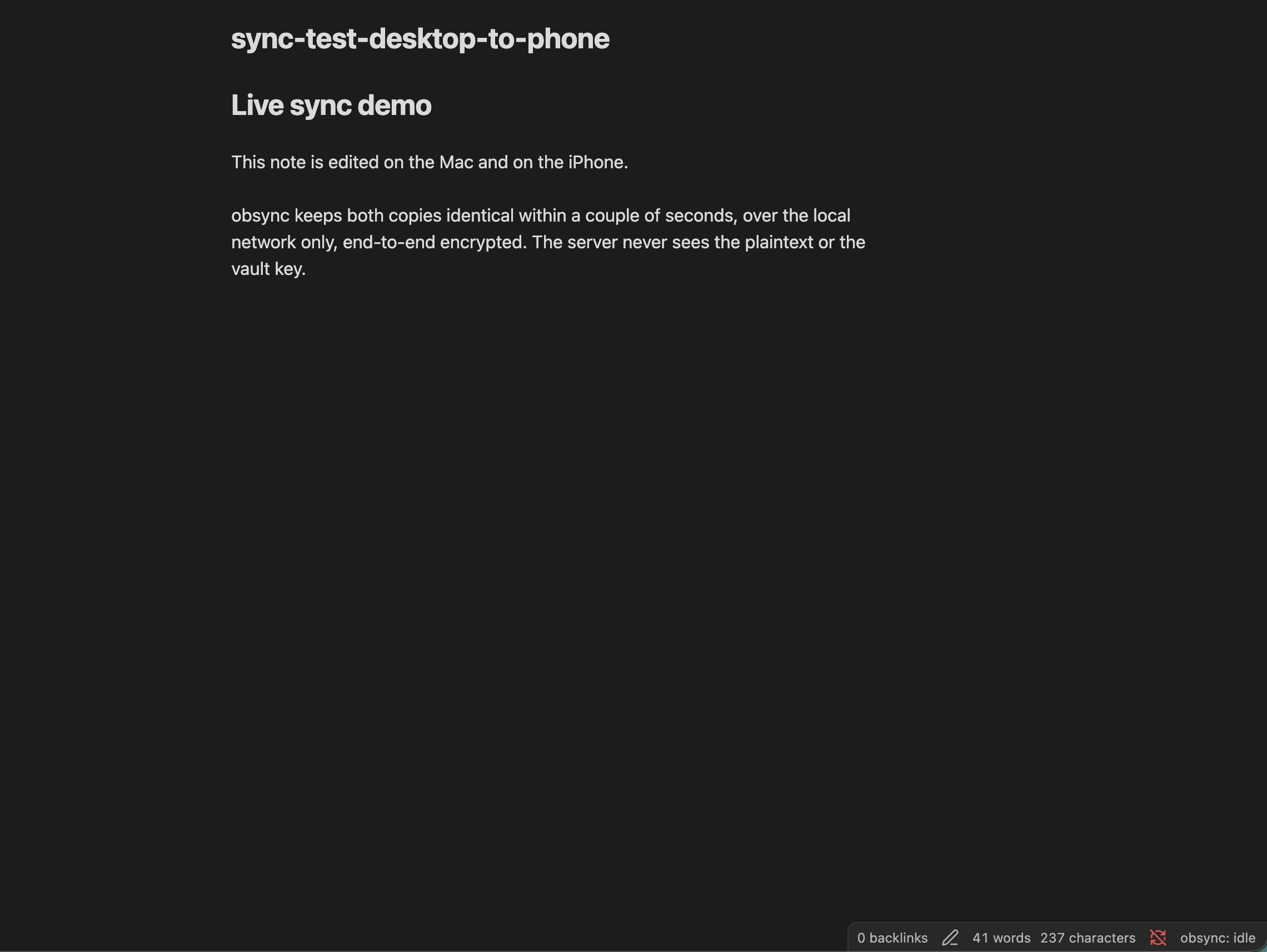 The disposable note carrying both devices' edits, with the sync status bar visible
