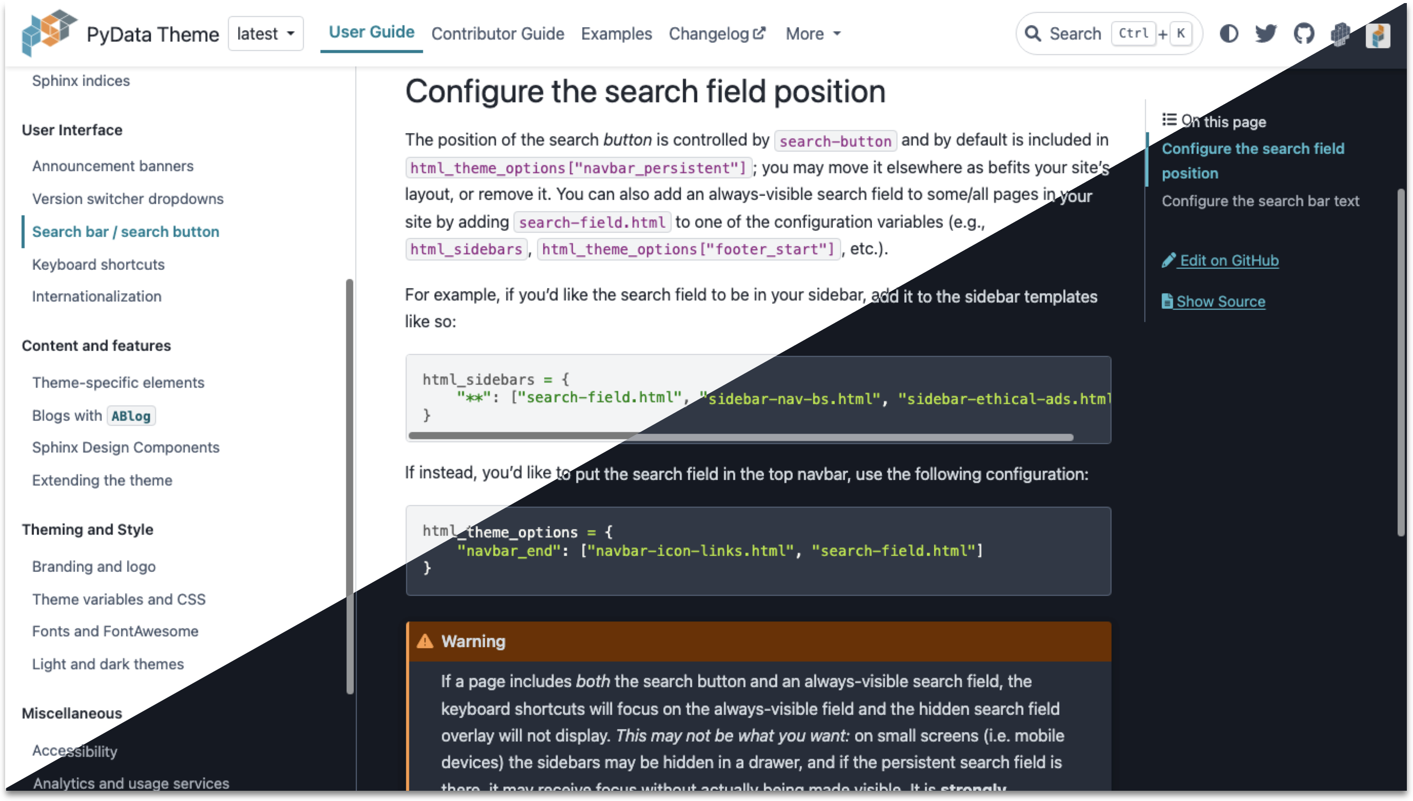 PyData theme - Configure the search position demo image showcasing both the light and dark theme in a single image.