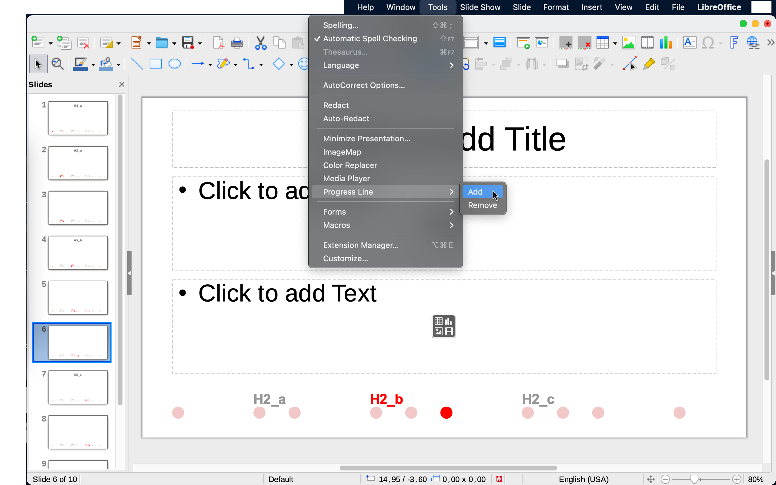 screenshot - tools submenu - Progress Line for LibreOffice/OpenOffice Impress Presentation