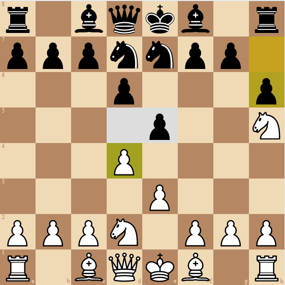 PsyChess board with a selection on the pawn on d4, supported by a pawn on e3. The d4 pawn can move to d5 or capture on e5.