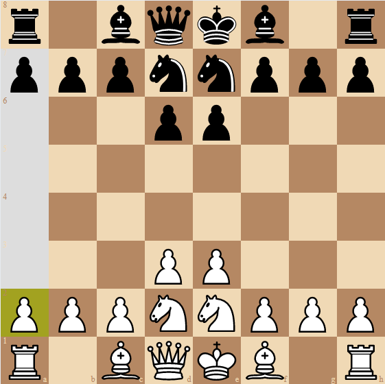 PsyChess board with a selection on the pawn on a2, "seen" by rook. The pawn can move between a3 and a7.