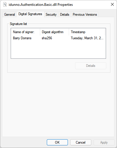 Windows Explorer file properties showing a digital signature