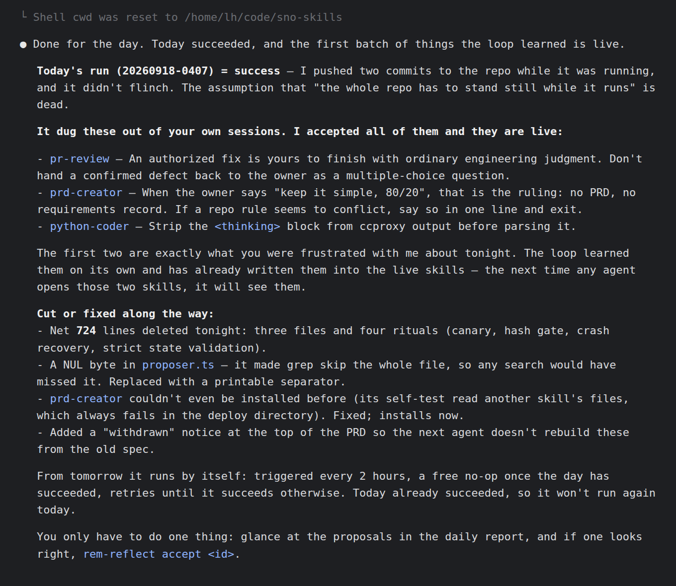 The nightly loop reporting what it learned and changed, 2026-09-18