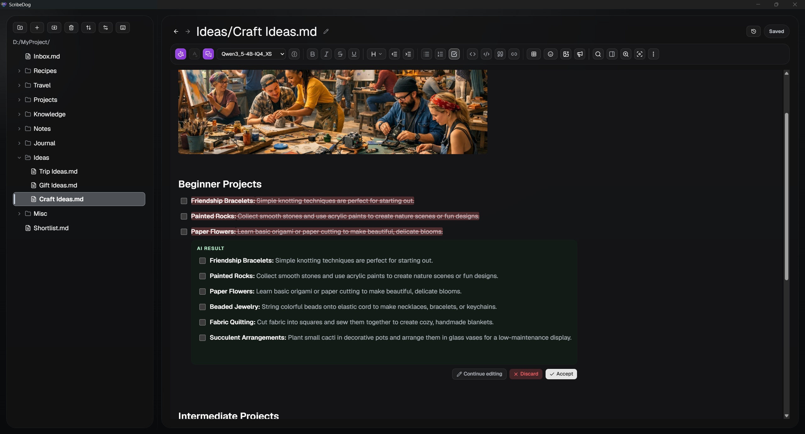 ScribeDog AI review widget with accept/discard