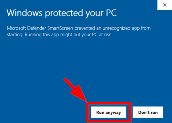 SmartScreen warning – click Run anyway