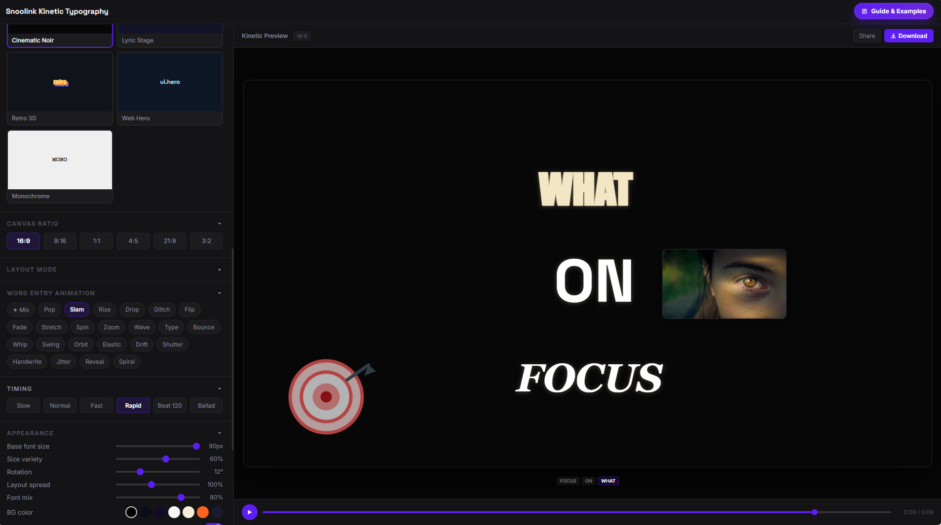 Kinetic typography dashboard screenshot