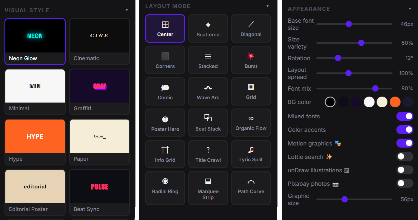 Kinetic typography generator controls and timeline canvas