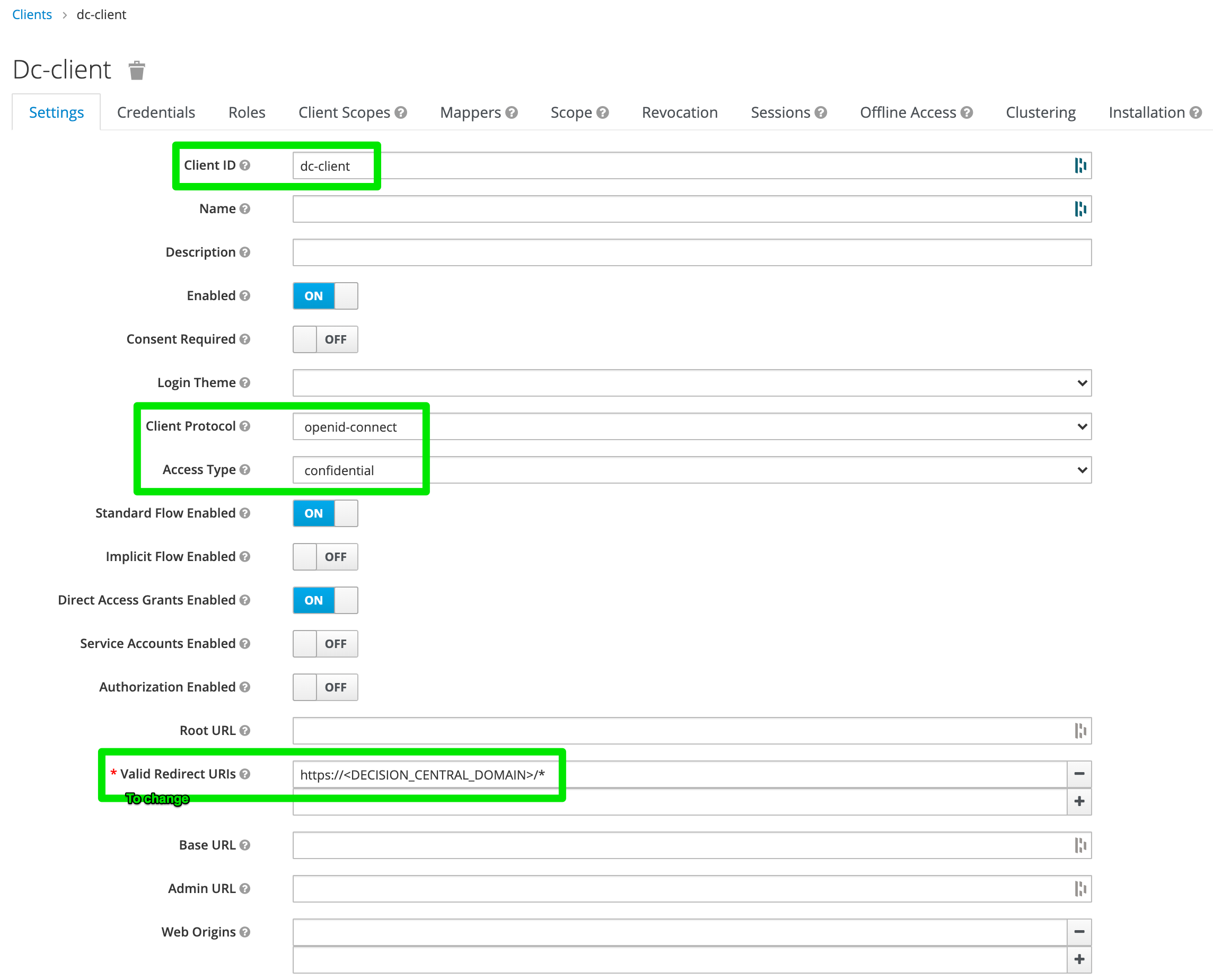 Decision Central SSO Client config