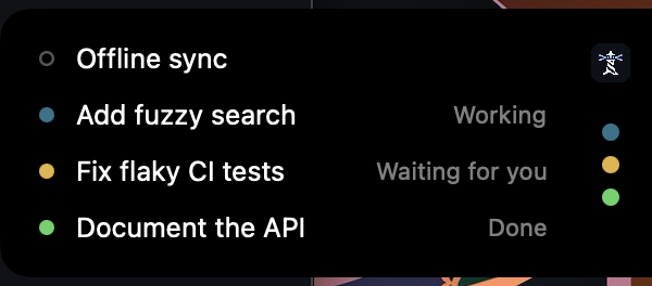 The status panel on the right screen edge, opened on hover, listing the sessions and their state
