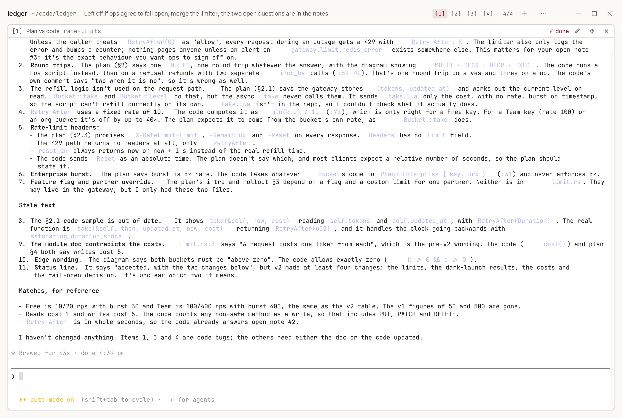 One Claude Code session in full view, filling the window: its review of the rate limiter, with tabs for the desk's other three panels in the head