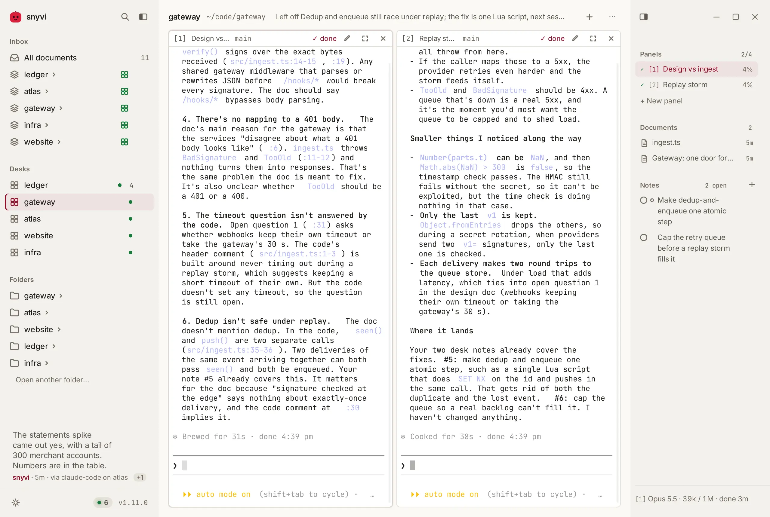 The gateway desk: two Claude Code sessions on a different project, with its own documents and notes in the rail