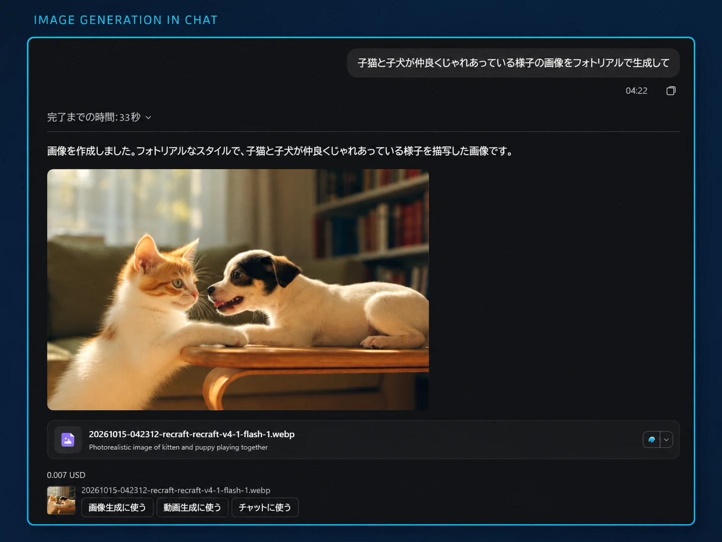 Usage example: a Japanese chat request generates an image of a kitten and puppy, with controls to reuse the result