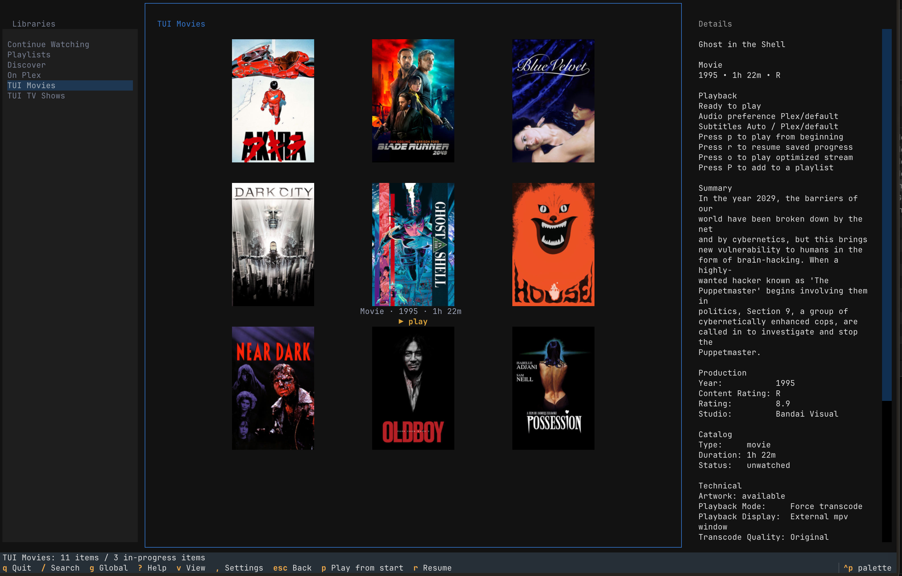 Movie library grid with poster artwork and details pane