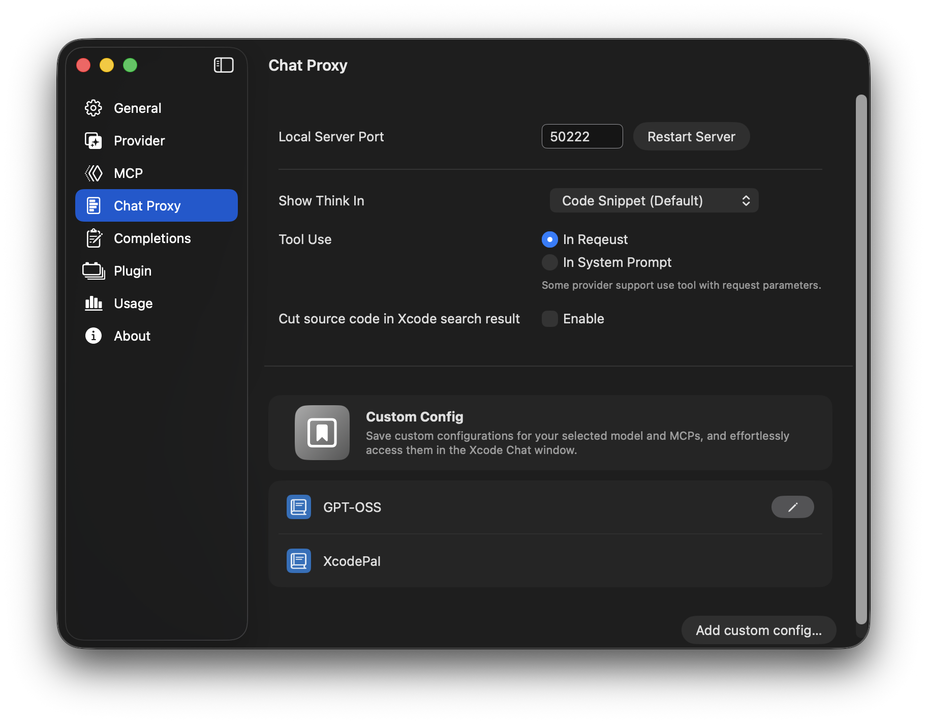 Screenshot of XcodePaI add model config
