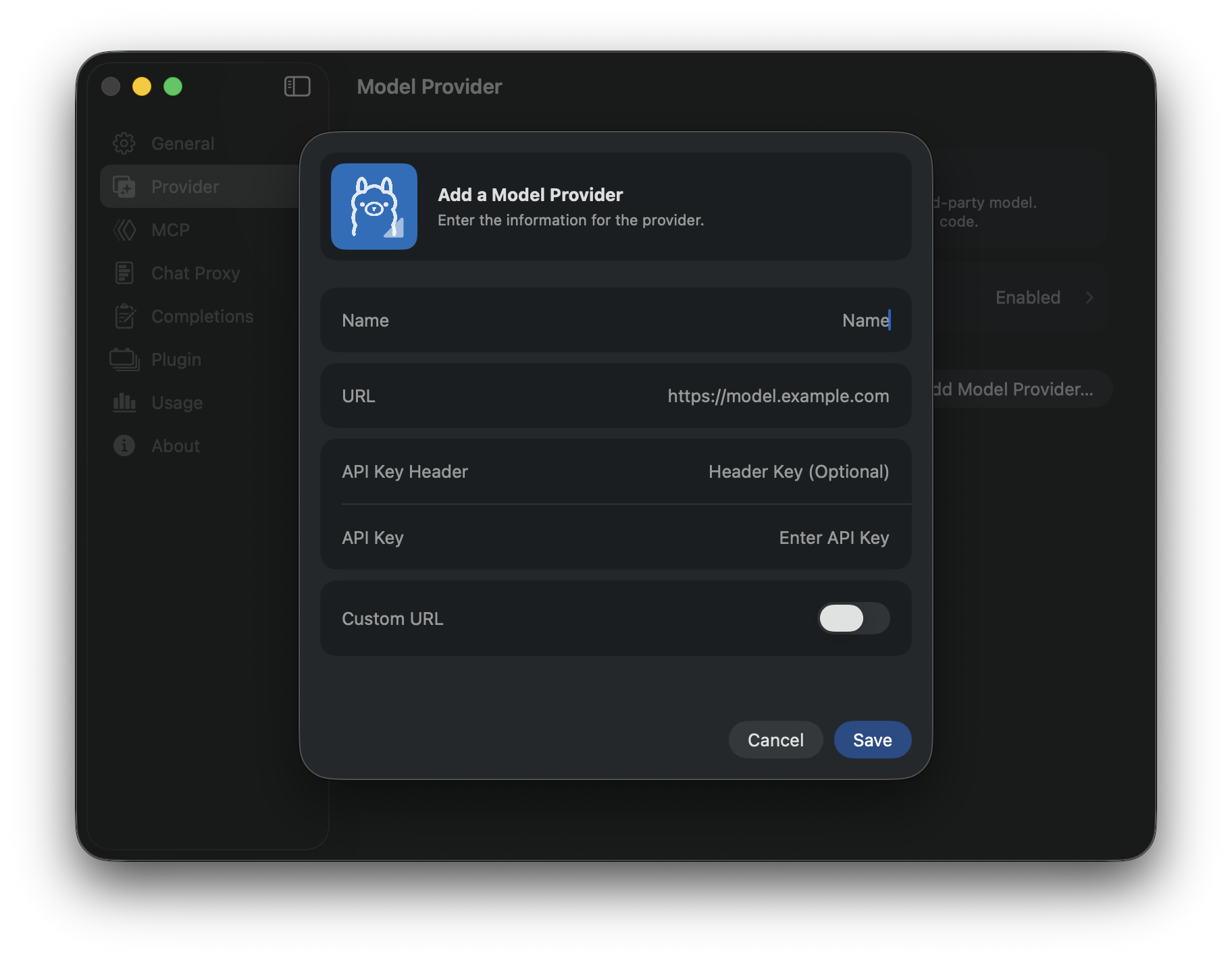 Screenshot of XcodePaI add model provider