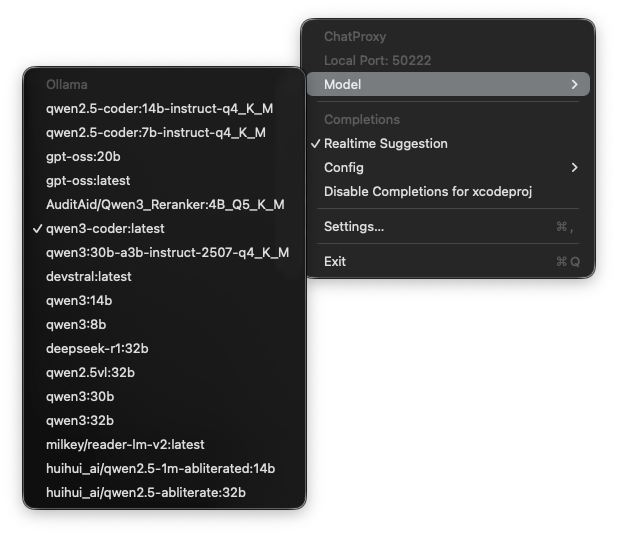 Screenshot of change chat model