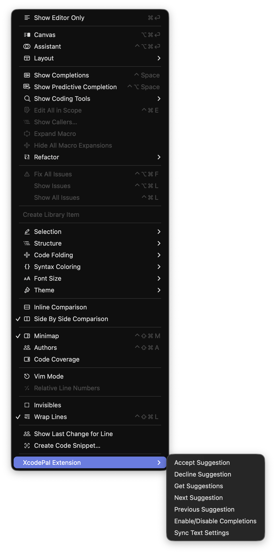 Screenshot of Xcode Editor menu item