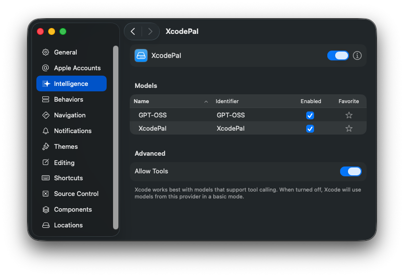 Screenshot of Xcode local provider info