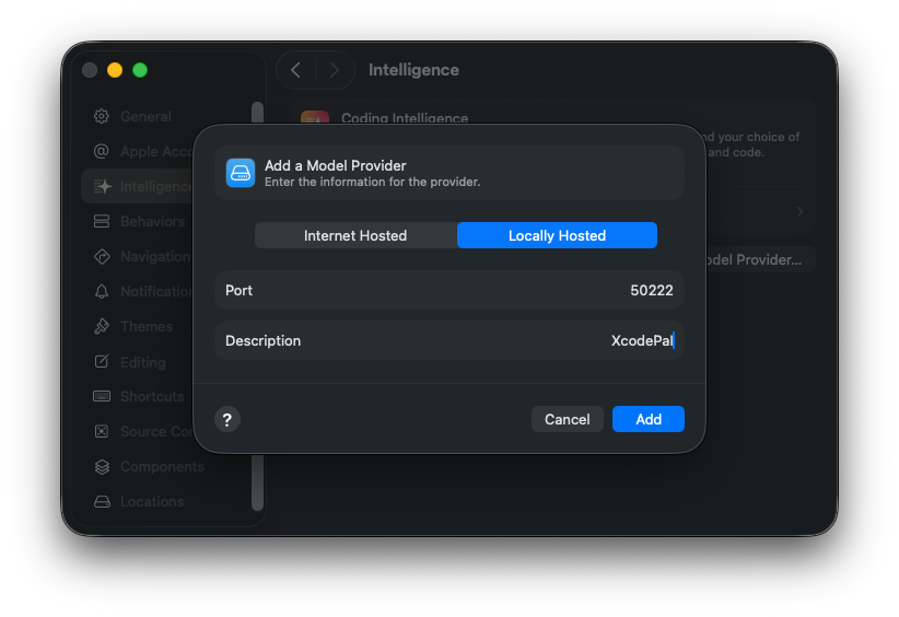 Screenshot of Xcode Settings intelligent add lcoal provider